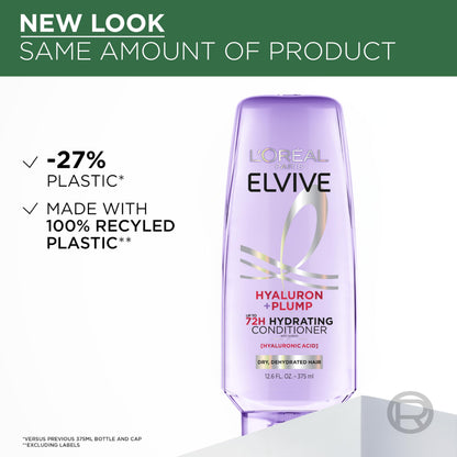 L'Oreal Paris Elvive Hyaluron Plump Hydrating Conditioner for Dehydrated, Dry Hair Infused with Hyaluronic Acid Care Complex, Paraben-Free, 12.6 Fl Oz