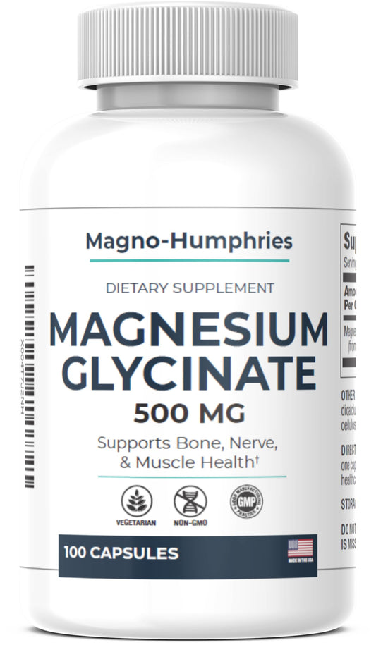 Supplement bottle labeled 'Magnesium Glycinate 500 MG' by Magno-Humphries on a white background