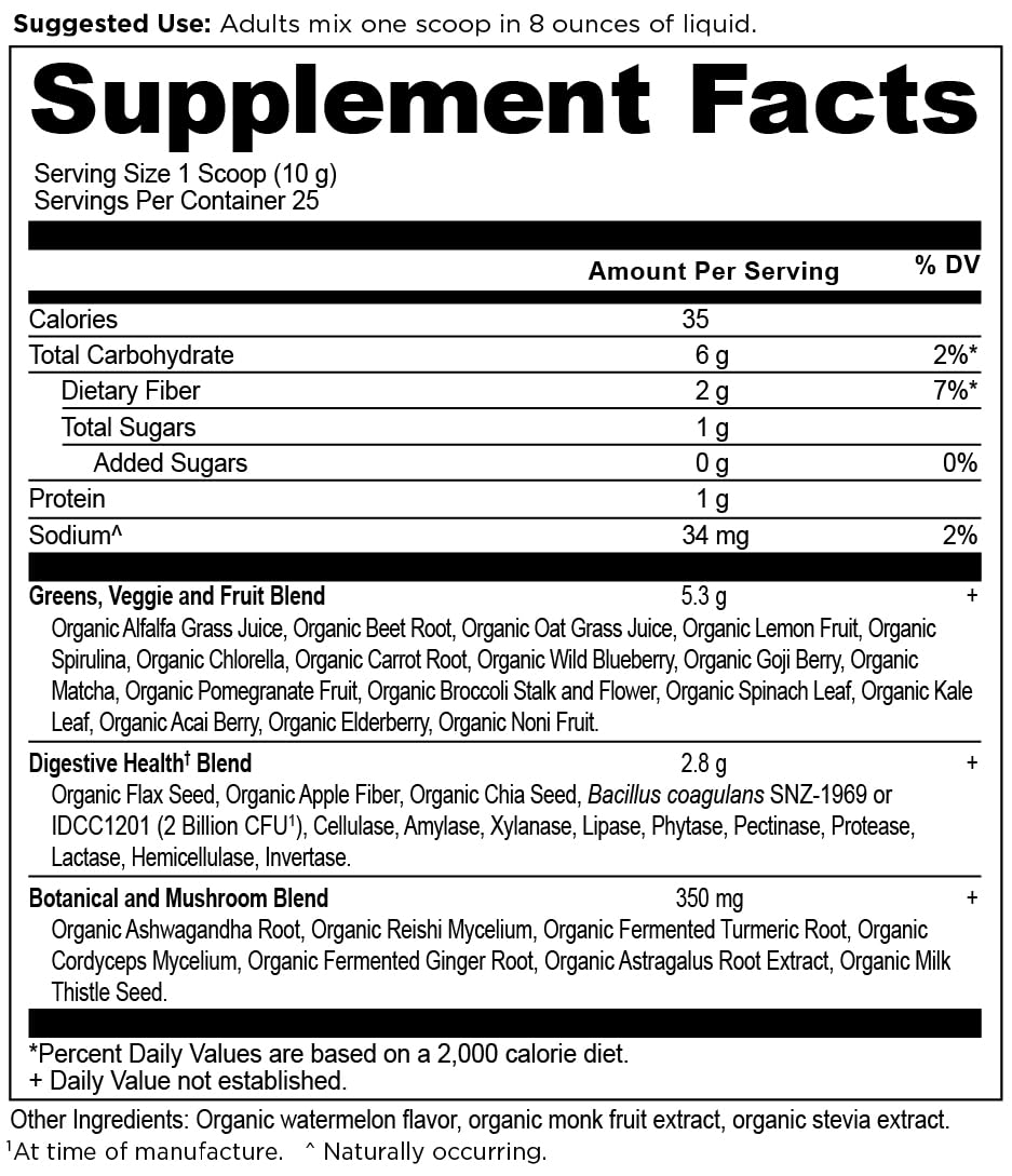 Ancient Nutrition SuperGreens Powder with Probiotics, Organic Watermelon Flavor Greens, Made from Real Fruits, Vegetables and Herbs, for Digestive