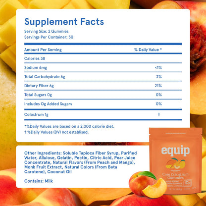 Equip Foods Core Bovine Colostrum Gummies, Delicious 1g Per Seving Grass Fed Colostrum Supplement - Gut Health, Immunity, Recovery, Hair & Skin - 60 Bovine Colostrum Gummies,