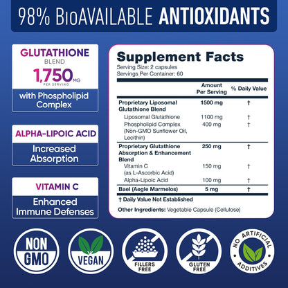 Liposomal Glutathione Supplement 1000MG + 750MG- Glutathione Liposomal with VIT C + Phospholipid Antioxidant Complex - Liver Detox and Immune Support Supplement