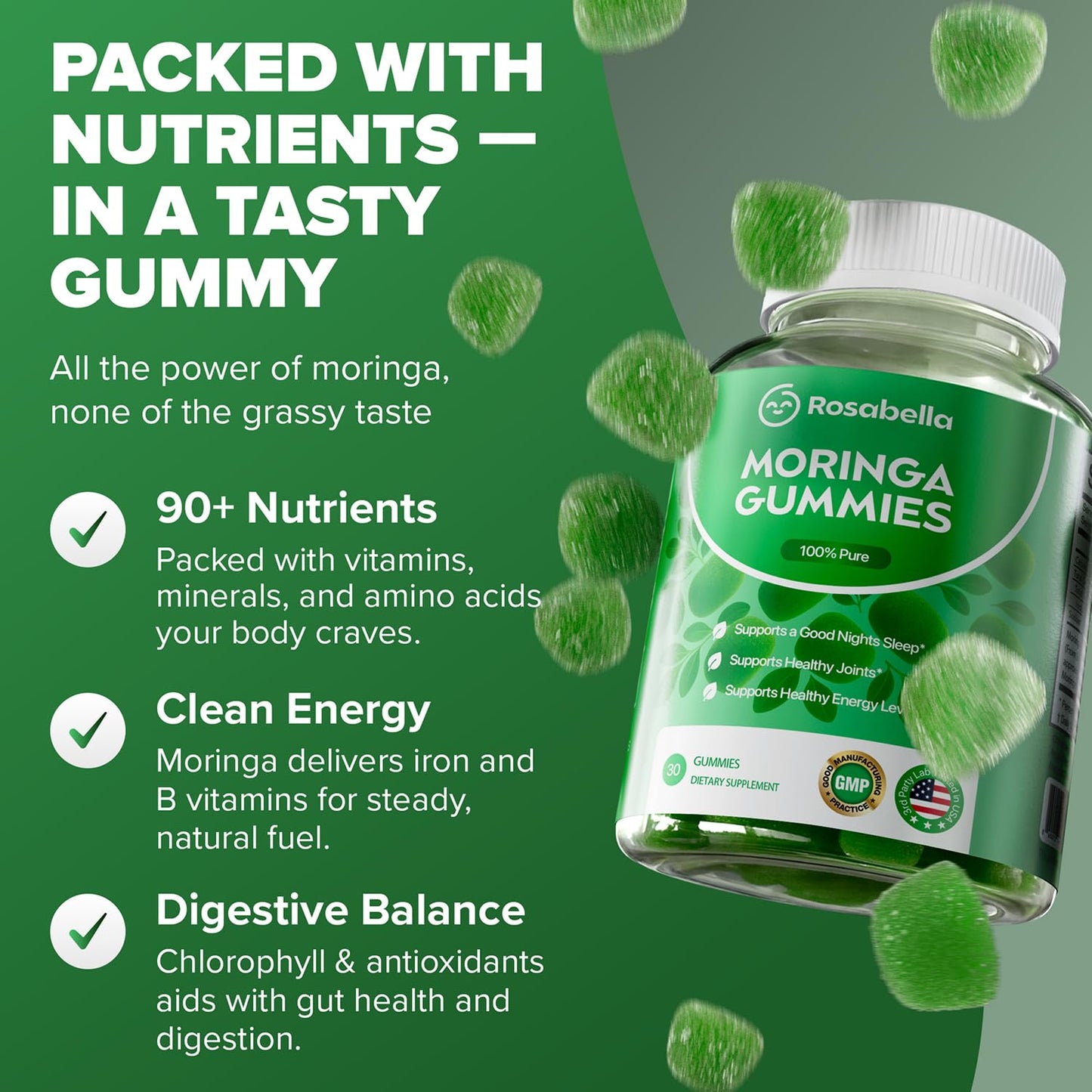 Rosabella Moringa Gummies – Moringa Leaf Extract 1000mg Equivalent Per Serving – Natural Energy & Balance – Non-GMO, Gluten-Free Superfood