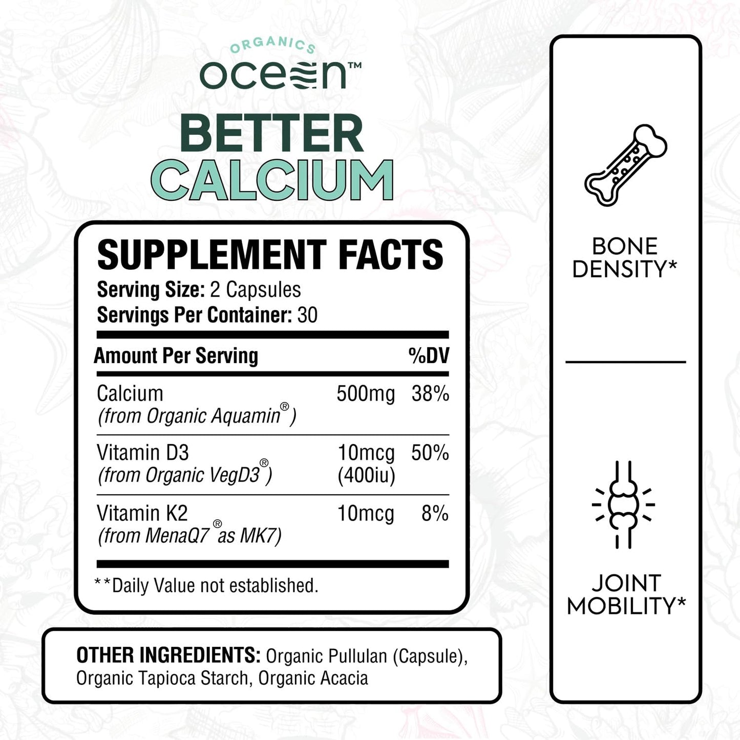 Organics Ocean Better Calcium - Organic Red Algae Calcium with Vitamin D3 and K2 Supplements - Supports Bone Structure, Joint Comfort & Encourages Healthy Aging