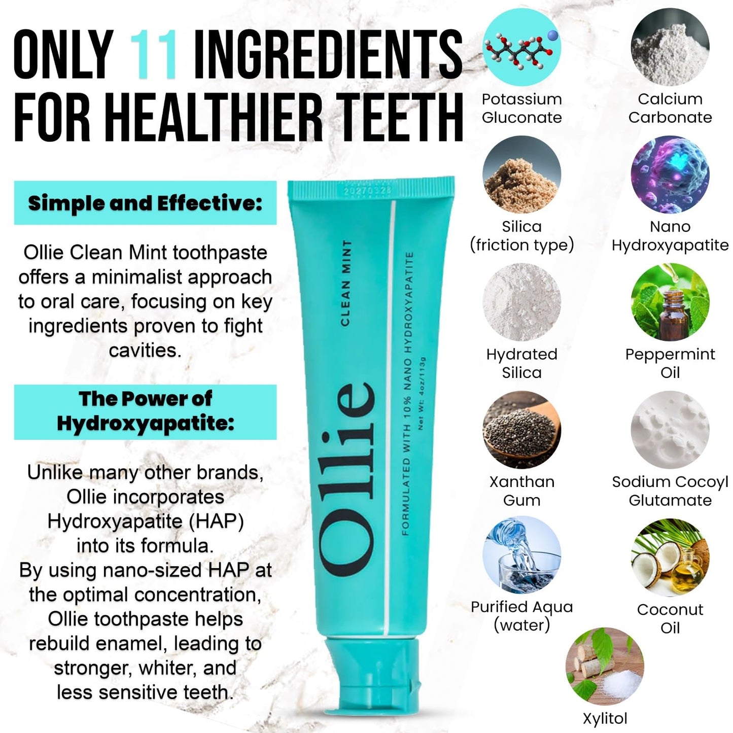 Ollie Fluoride Free 10% Nano Hydroxyapatite Toothpaste for Remineralizing Enamel, Sensitive Teeth & Whitening,