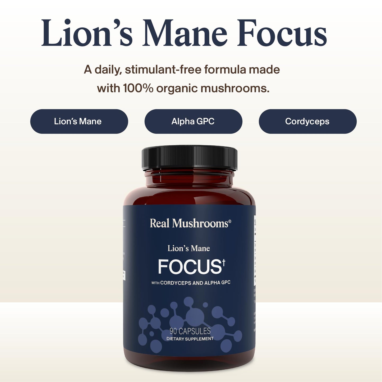 Real Mushrooms Lion’s Mane Focus Capsules (90 Count) – Organic Lions Mane Fruiting Body Extracts with 200mg Alpha GPC Choline
