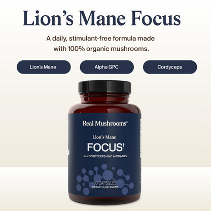 Real Mushrooms Lion’s Mane Focus Capsules (90 Count) – Organic Lions Mane Fruiting Body Extracts with 200mg Alpha GPC Choline