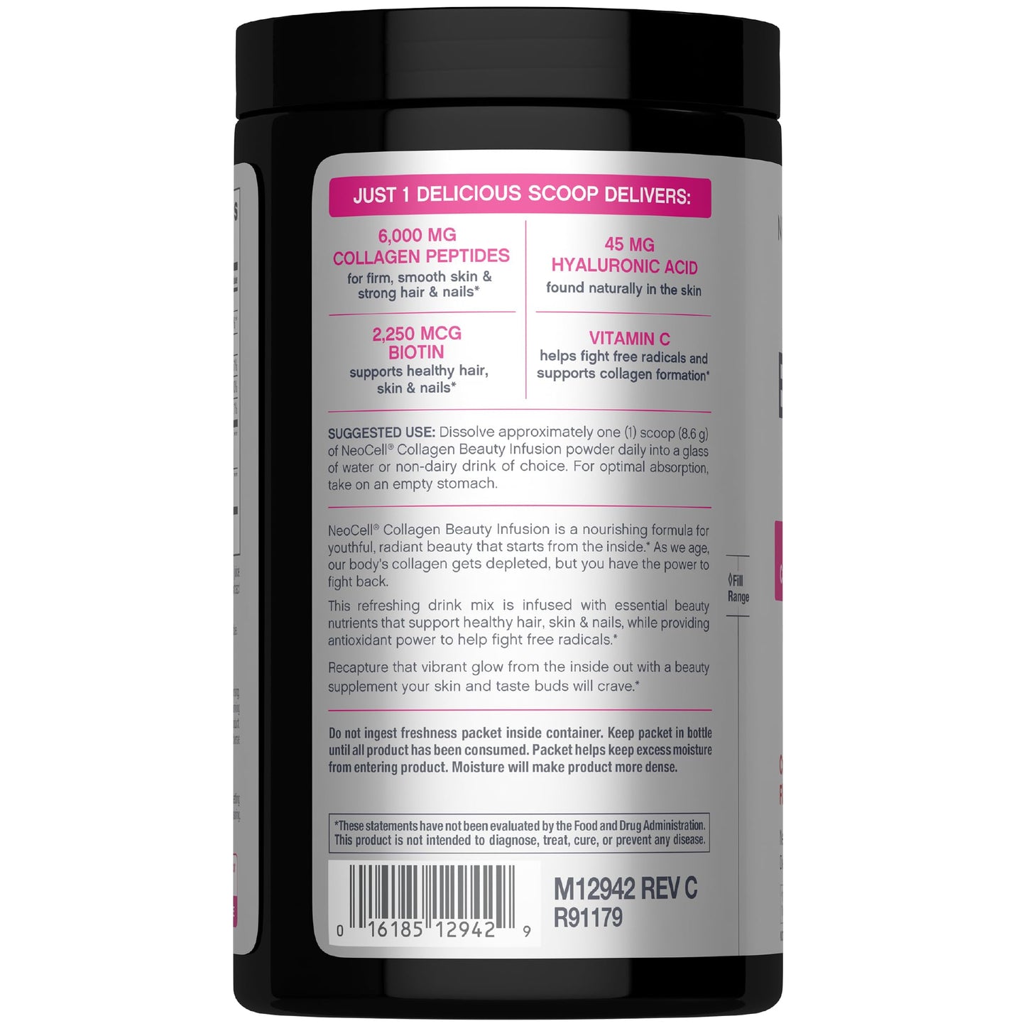 NeoCell Collagen Peptides Powder | 9.1 oz | Grass Fed Bovine | with Biotin and Hyaluronic Acid | Cranberry Cocktail Flavored