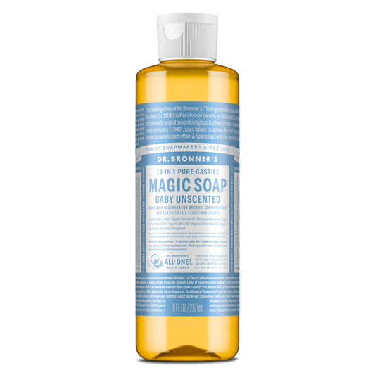 Dr. Bronner's Pure-Castile Magic Liquid Soap (Baby Unscented, 8 Ounce)- Made with Regenerative Organic Certified Oils, For Face