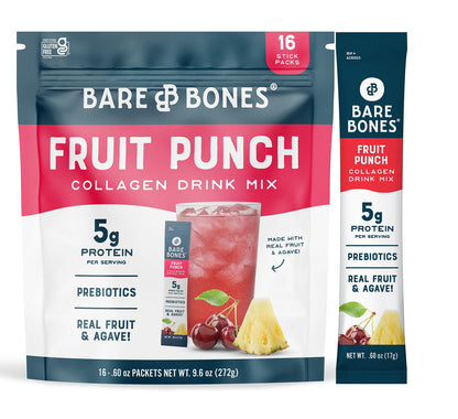 Bare Bones Fruit Punch Fruit Collagen Peptides Powder Drink Mix Packets | 5g Protein | Naturally Sweetened | Light & Flavorful | Gluten-Free On-the-Go Stick
