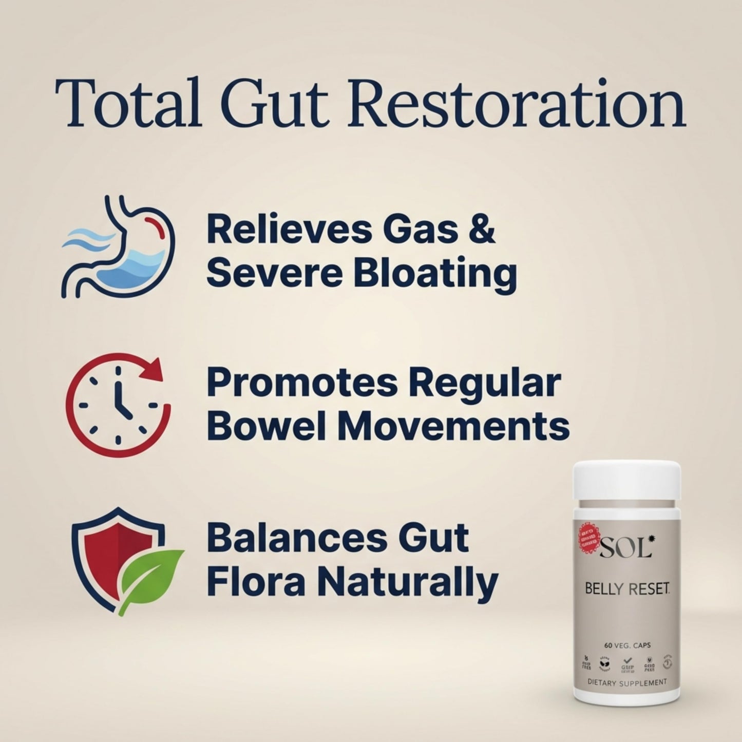 Sol Nutrition Complete Belly Reset - Gut Cleanse Detox for Men & Women - 60 Easy to Swallow Capsules - Herbal, Vegan & Gluten Free Gut Reset