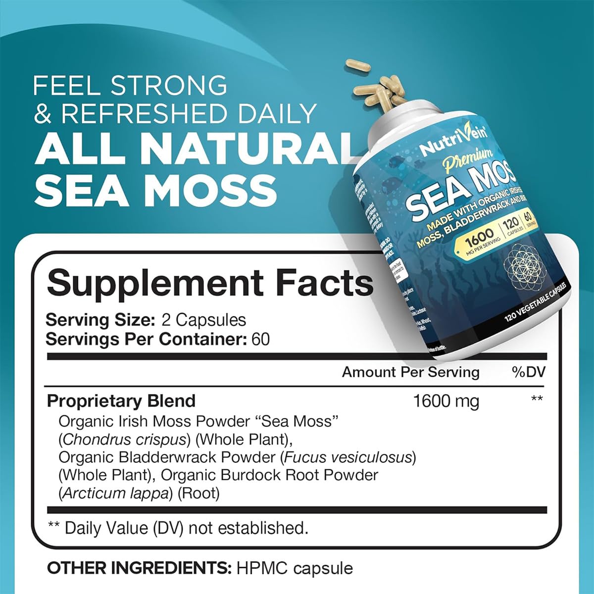 Nutrivein Organic Sea Moss 1600mg Plus Bladderwrack & Burdock - 120 Caps for Adults - Prebiotic Super-Food - Immune System & Digestive Health