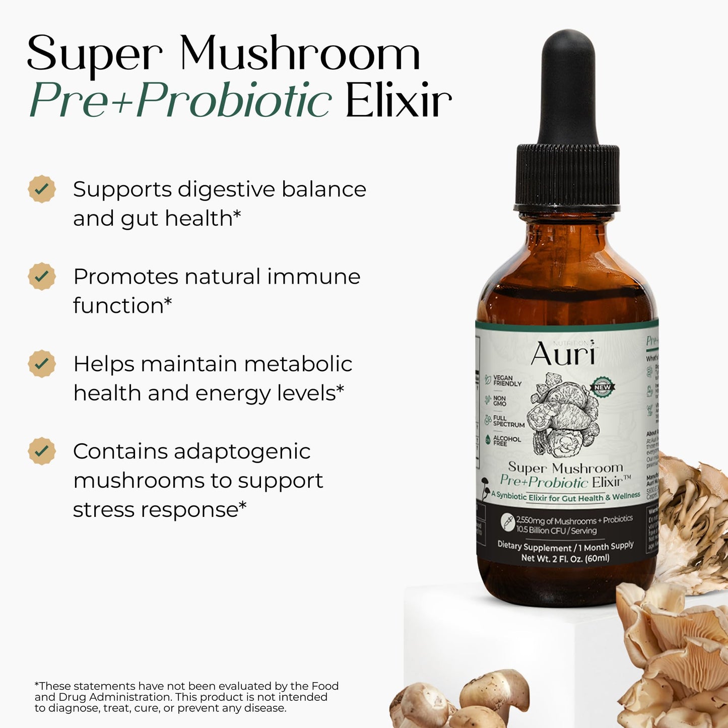 Auri Nutrition Super Mushroom Pre+Probiotic Elixir – 3-in-1 Gut Health Supplement w/7 Probiotic Strains, Prebiotic Mushrooms & Postbiotic Support – Vegan