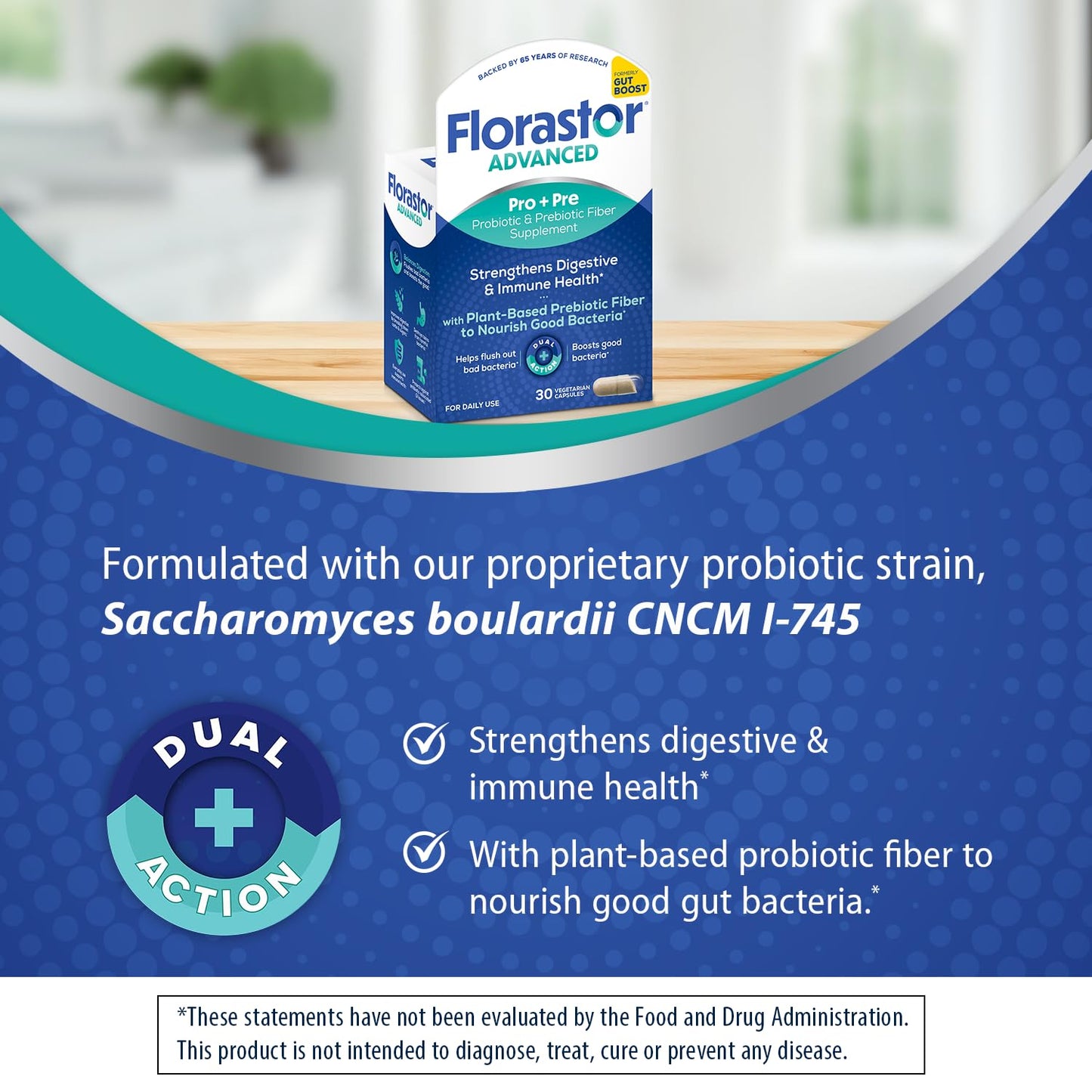 Florastor Advanced Pro+Pre Daily Probiotic and Prebiotic Supplement for Women and Men, Boosts Good Bacteria, Saccharomyces Boulardii