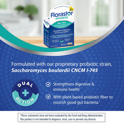 Florastor Advanced Pro+Pre Daily Probiotic and Prebiotic Supplement for Women and Men, Boosts Good Bacteria, Saccharomyces Boulardii