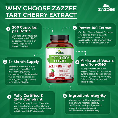 Zazzee Tart Cherry 10:1 Extract, 200 Vegan Capsules, 6+ Month Supply, Montmorency Cherry, Certified Kosher, Joint & Uric Acid Support, Antioxidant Support Formula,