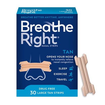 Breathe Right Nasal Strips, Extra Strength Tan Nose Strips, Drug-Free Nasal Congestion Relief for Better Breathing, Help Relieve Snoring,