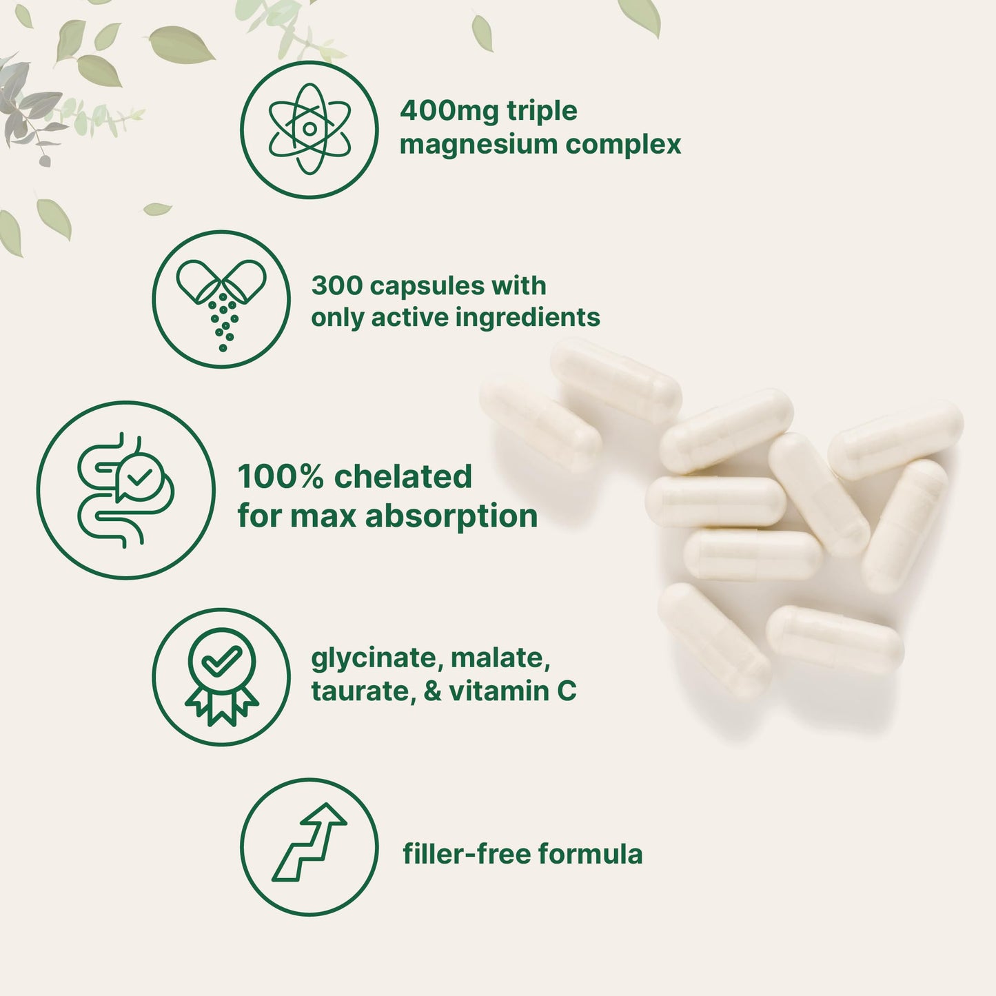 Micro Ingredients Pure Magnesium Complex, 300 Capsules | Triple Magnesium Glycinate, Malate, Taurate with Vitamin C | 100% Chelated | Supports Muscles