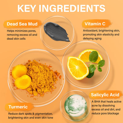 Facial Clay Mask Set - Vitamin C Turmeric Face Mask, Dead Sea Mud & Salicylic Acid (BHA) Mask for Pore Cleansing, Brightening, Blackheads & Dark Spots, Face Masks Skincare