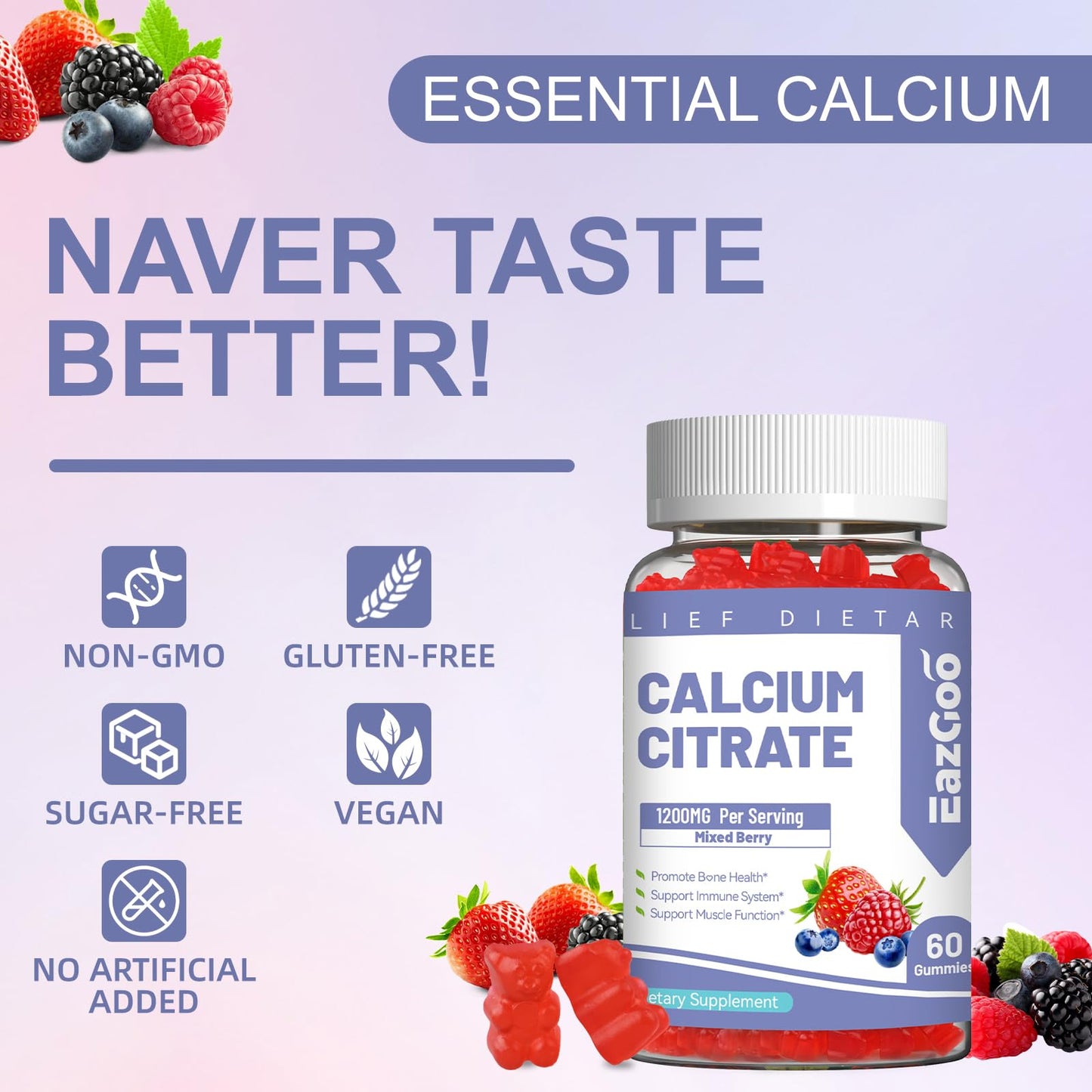 Calcium Citrate Gummies, Chewable 1200mg Calcium Gummies for Women & Men, Calcium Supplement for Muscle & Immune Support,