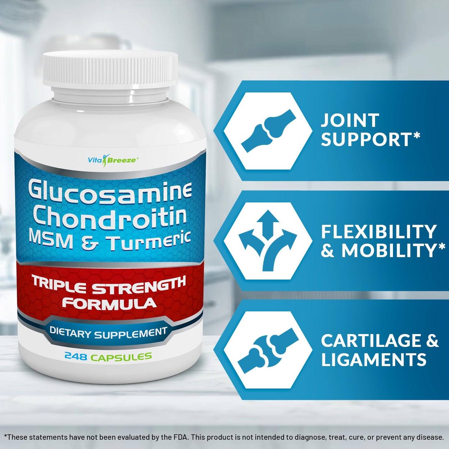 VitaBreeze Glucosamine Chondroitin, MSM & Turmeric Dietary Supplement - 248 Capsules