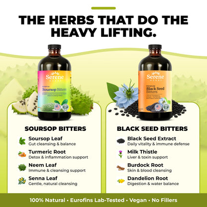 Serene Herbs Soursop Bitters Liquid & Black Seed Bundle – Organic Herbal Guanabana, 32 Servings