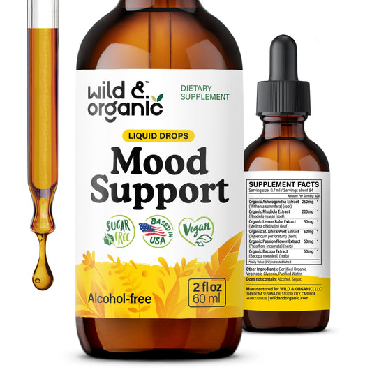 Wild & Organic Mood Support Drops - Good Mood Supplements w/Ashwagandha Root & Rhodiola Rosea - Natural Liquid Drops for Positive Energy - Calm and Relax Supplements for Women and Men - 2 oz