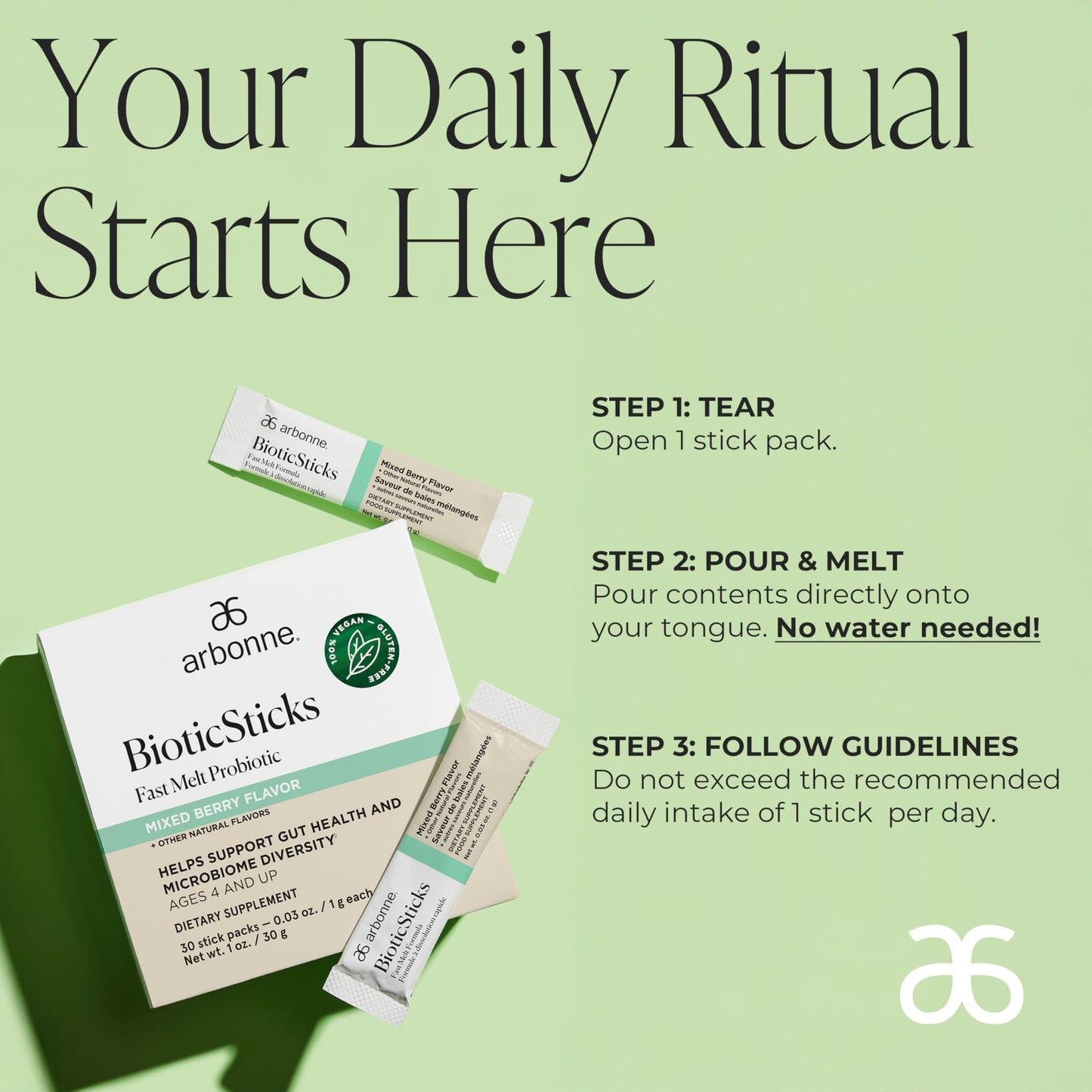 Arbonne BioticSticks Fast Melt Probiotic for Gut Health – Probiotics for Women, Men, and Kids – Gut Health Supplement – Vegan, Gluten-Free