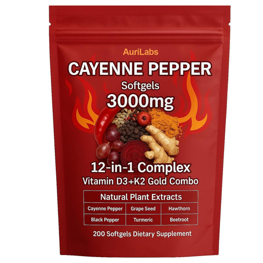 Red supplement package with Cayenne Pepper Softgels 3000mg and AuriLabs branding on a white background.