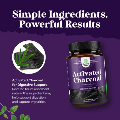 Natures Craft Activated Charcoal Pills Detox & Cleanse - Purifying Coconut Capsules with 1200 mg Per Serving for Bloating Relief