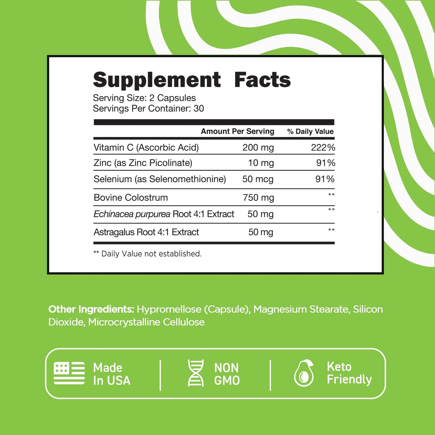 Vital Vitamins Colostrum Supplement - Vitamin C, Zinc, & Selenium - from First Milking - Standardized to Contain 10% IgG Immunoglobulins - Grass-Fed American Cows - 60 Capsules