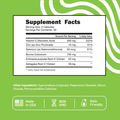 Vital Vitamins Colostrum Supplement - Vitamin C, Zinc, & Selenium - from First Milking - Standardized to Contain 10% IgG Immunoglobulins - Grass-Fed American Cows - 60 Capsules