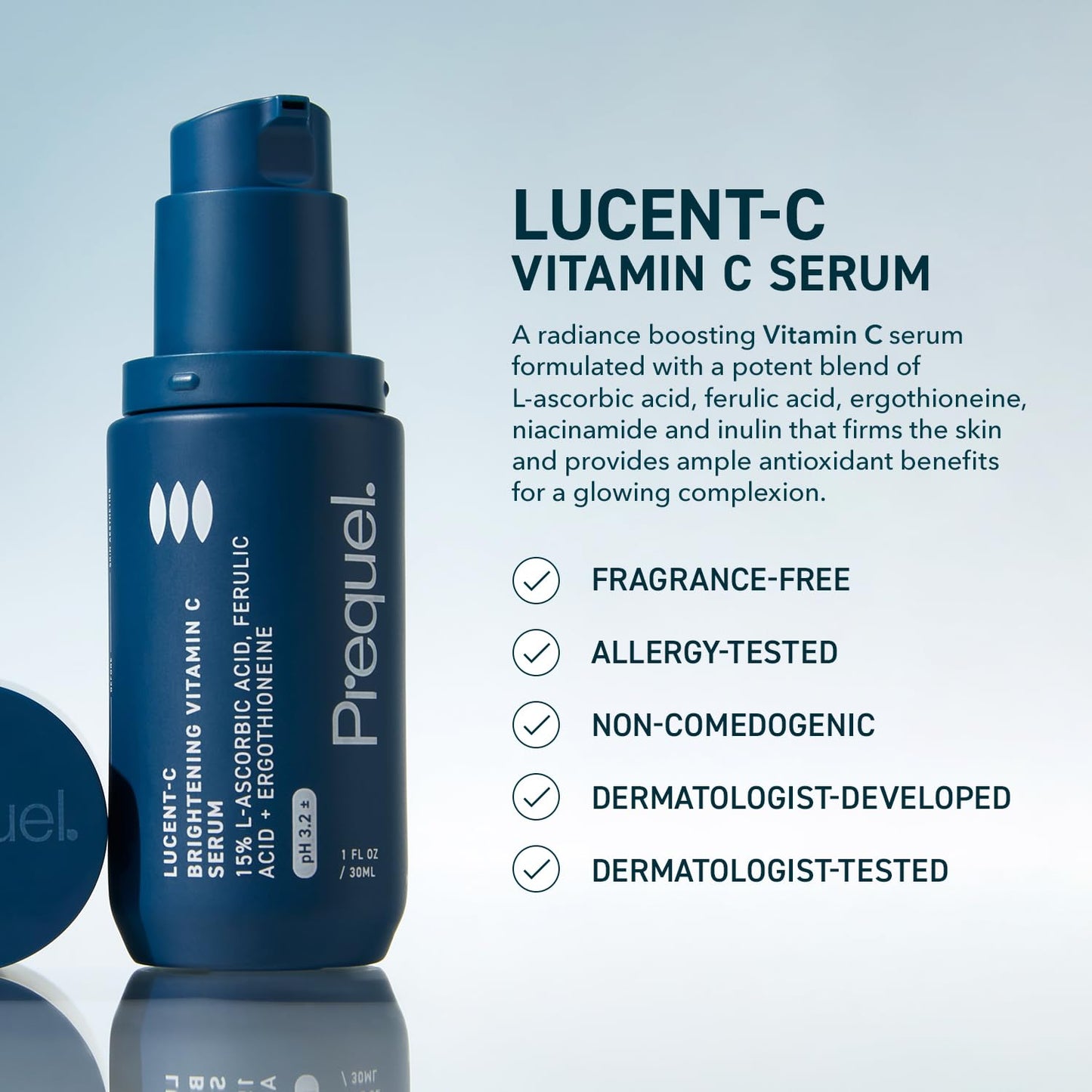 Prequel Skin Lucent-C, Vitamin C Serum for Face. Professional Facial L-Ascorbic Acid, Ferulic Acid Formula with Niacinamide.