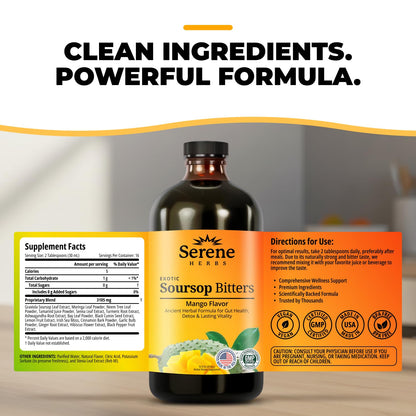 Serene Herbs Soursop Bitters Liquid with Soursop Leaves for Gut Cleanse, Detox & Immune Boost with Black Seed, Moringa, Irish Moss