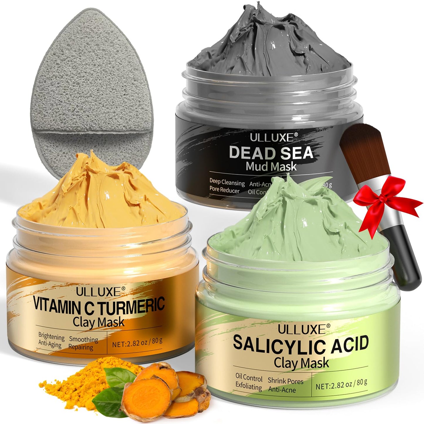 Facial Clay Mask Set - Vitamin C Turmeric Face Mask, Dead Sea Mud & Salicylic Acid (BHA) Mask for Pore Cleansing, Brightening, Blackheads & Dark Spots, Face Masks Skincare