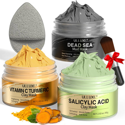 Facial Clay Mask Set - Vitamin C Turmeric Face Mask, Dead Sea Mud & Salicylic Acid (BHA) Mask for Pore Cleansing, Brightening, Blackheads & Dark Spots, Face Masks Skincare