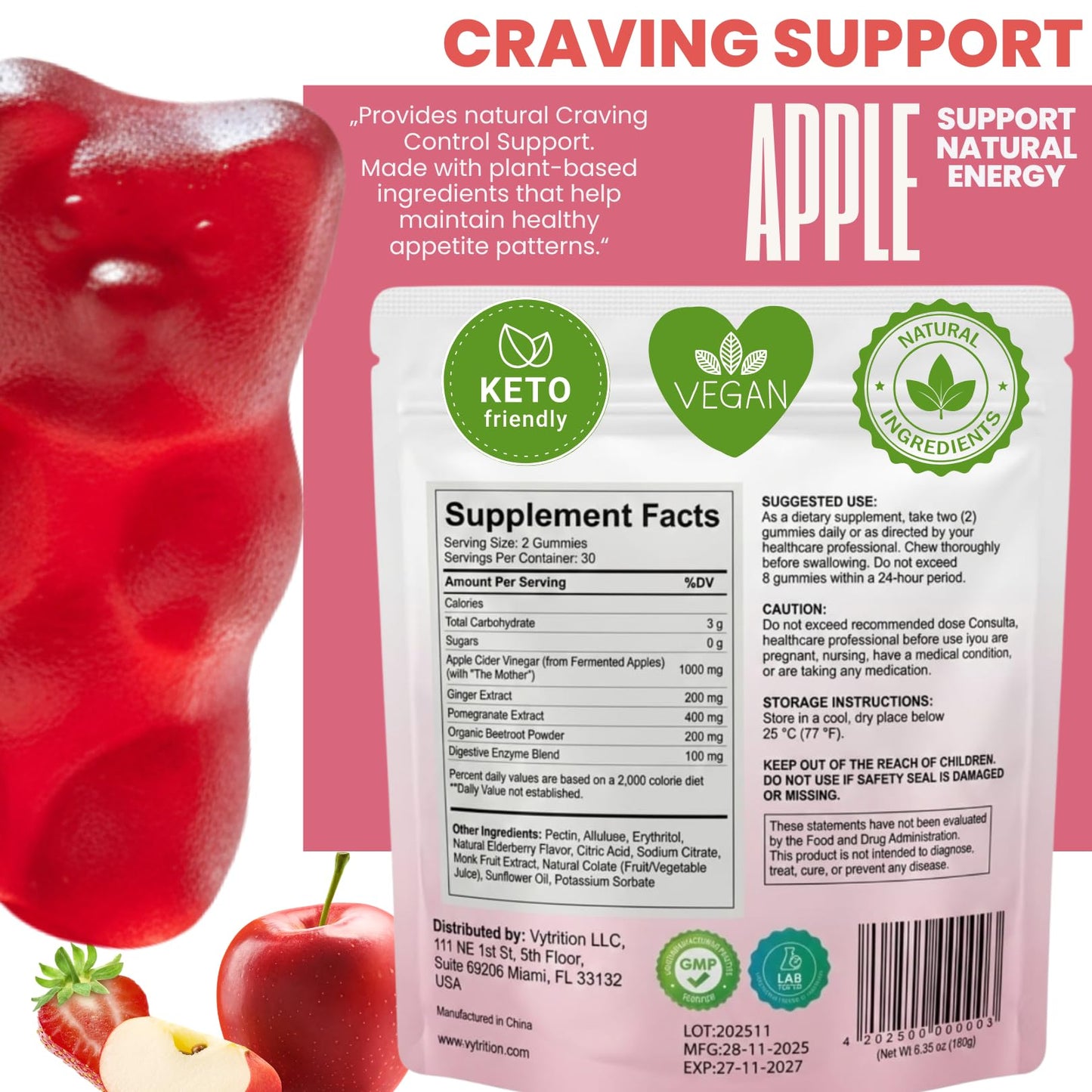 Vytrition 7-Day Trial Organic Apple Cider Vinegar Gummies Sugar Free – ACV Gummies with The Mother 1000mg – Keto Friendly – Vegan – Supports Appetite