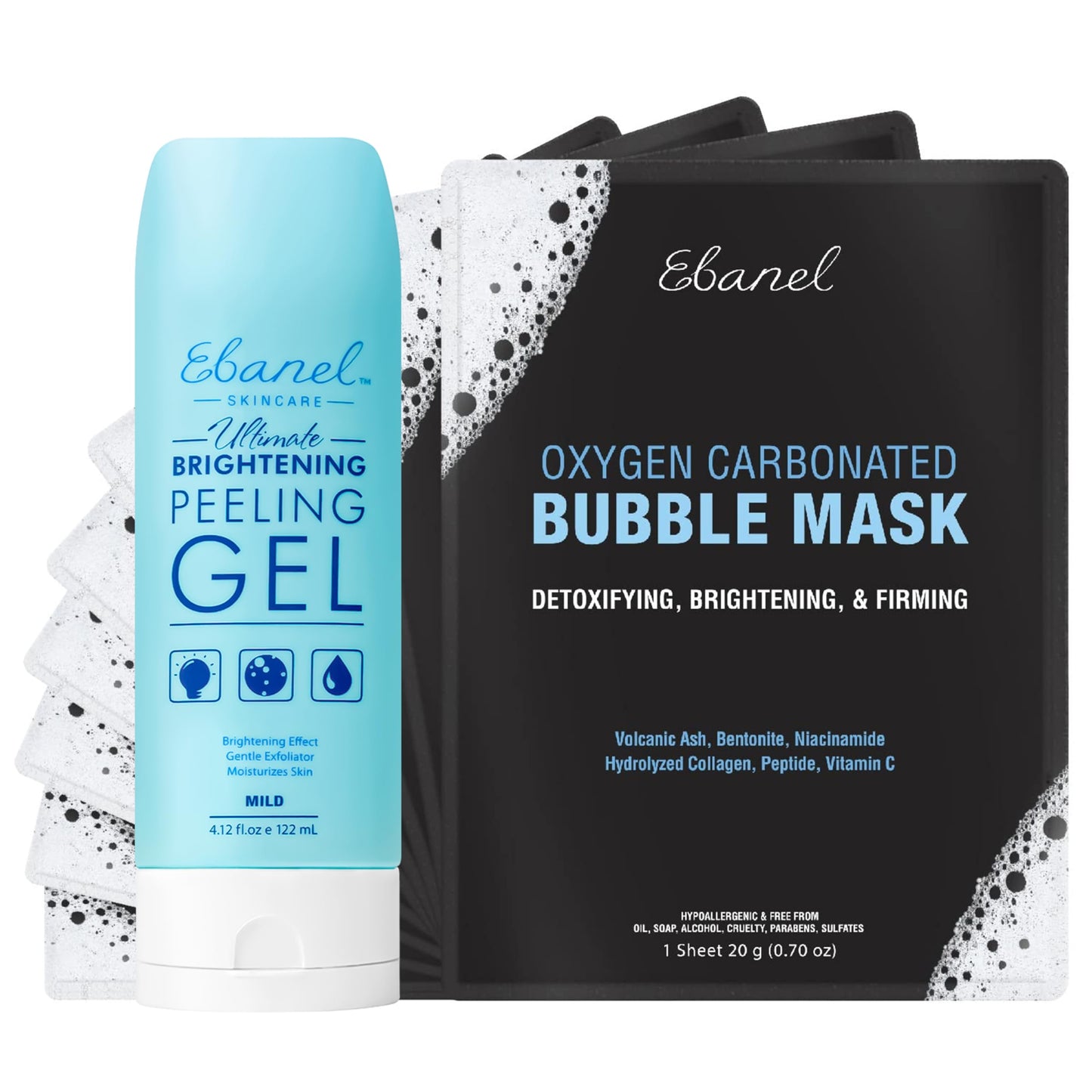 Ebanel Bundle of 10 Pack Bubble Clay Masks, and Exfoliating Face Scrub Peeling Gel Mild 4.12 Oz