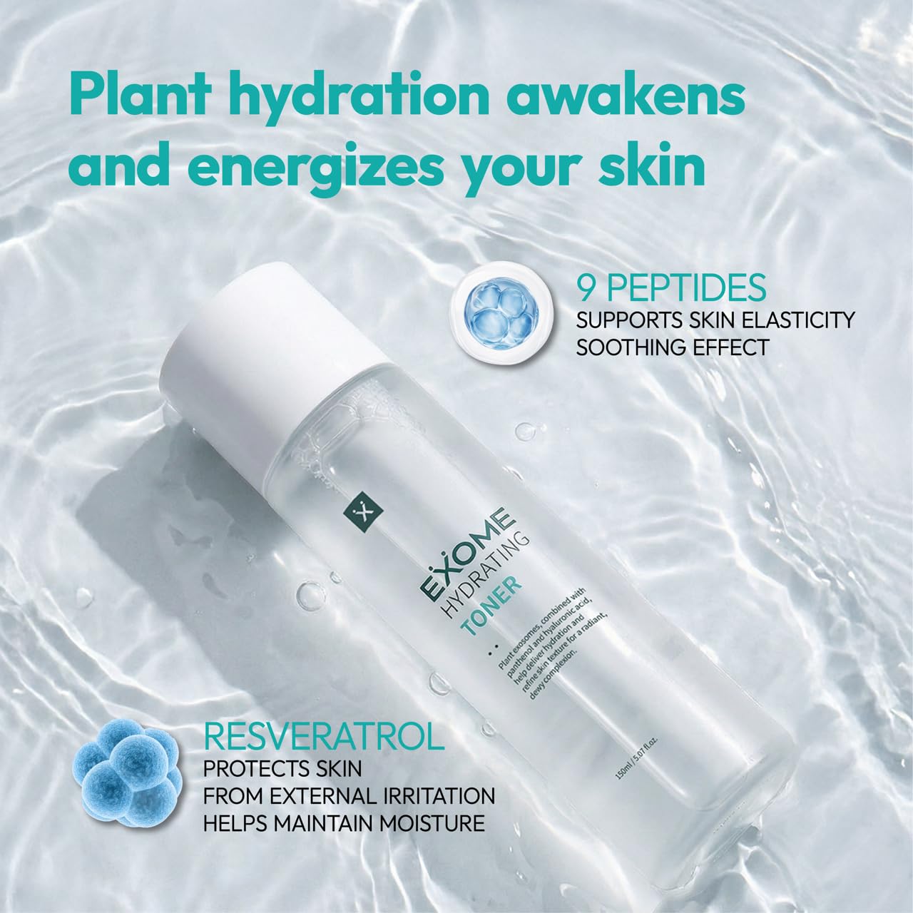 Exome Hydrating Toner, Greenery Aqua Base Starter for Glow Skin, Resveratrol Protective Barrier & 9-Peptide Complex for Elasticity & Wrinkle Care