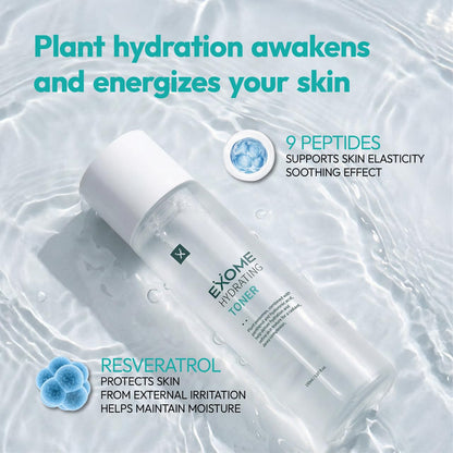 Exome Hydrating Toner, Greenery Aqua Base Starter for Glow Skin, Resveratrol Protective Barrier & 9-Peptide Complex for Elasticity & Wrinkle Care