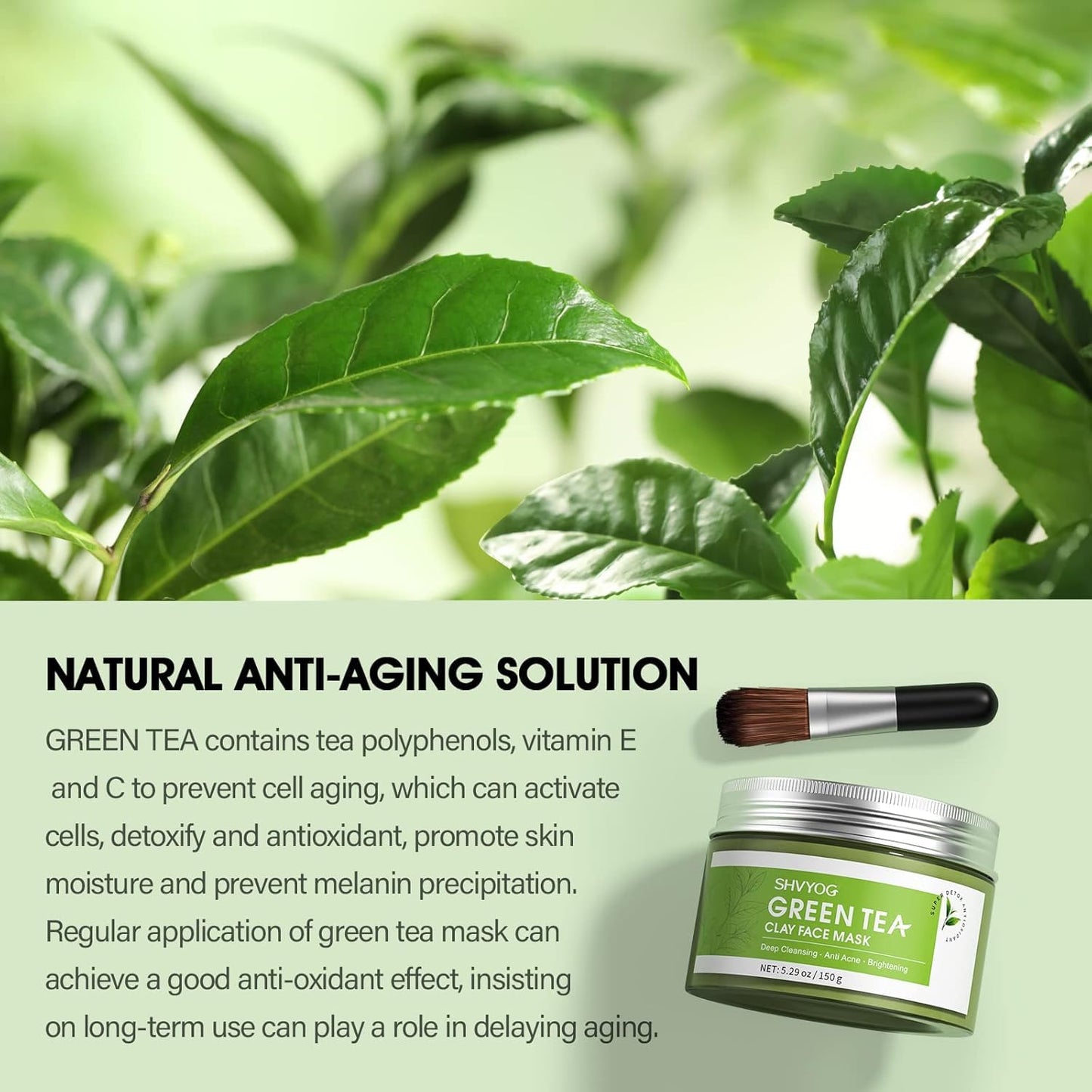 SHVYOG Green Tea Face Mask, Antioxidant Green Tea Clay Mask with Volcanic Mud, Deep Cleansing & Moisturizing & Hydrating Clay Facial Mask