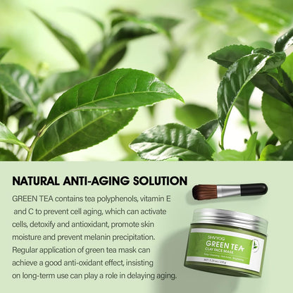 SHVYOG Green Tea Face Mask, Antioxidant Green Tea Clay Mask with Volcanic Mud, Deep Cleansing & Moisturizing & Hydrating Clay Facial Mask