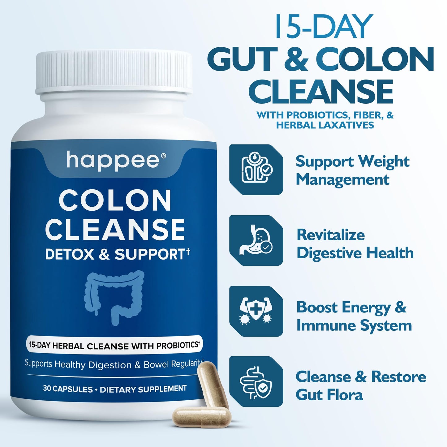 Happee Colon Cleanser & Detox for Weight Loss & GLP Support - 15 Day Colon Cleanse Pills & Gut Support Probiotics Women Men