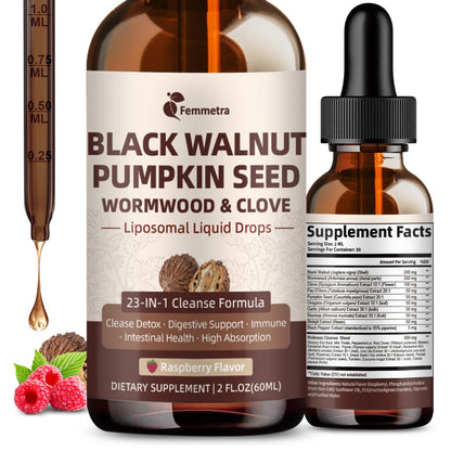 Wormwood Black Walnut Clove Cleanse for Humans Drops, 23-in-1 Gut Health Support Supplement with Pumpkin Seed, Oil of Oregano etc for Detox