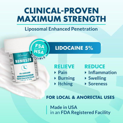 Ebanel 5% Lidocaine Numbing Cream, 2-Pack Pain Relief Burn Itch Numb Cream, Maximum Strength Topical Anesthetic with Allantoin, Vitamin E for Local and Anorectal Uses, Hemorrhoid Treatment