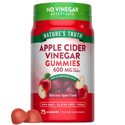 Nature's Truth Apple Cider Vinegar Gummies | 600 mg | 75 Gummies | Apple Flavor | Vegan, Non-GMO, Gluten Free Supplement.