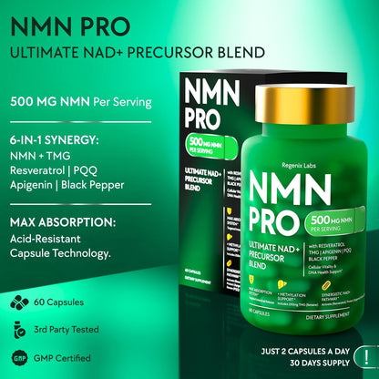 NMN Supplement 500mg - NAD Supplement with Resveratrol, TMG, Apigenin, PQQ, and Black Pepper Extract - 6-in-1 Acid-Resistant Vegan Pills Complex