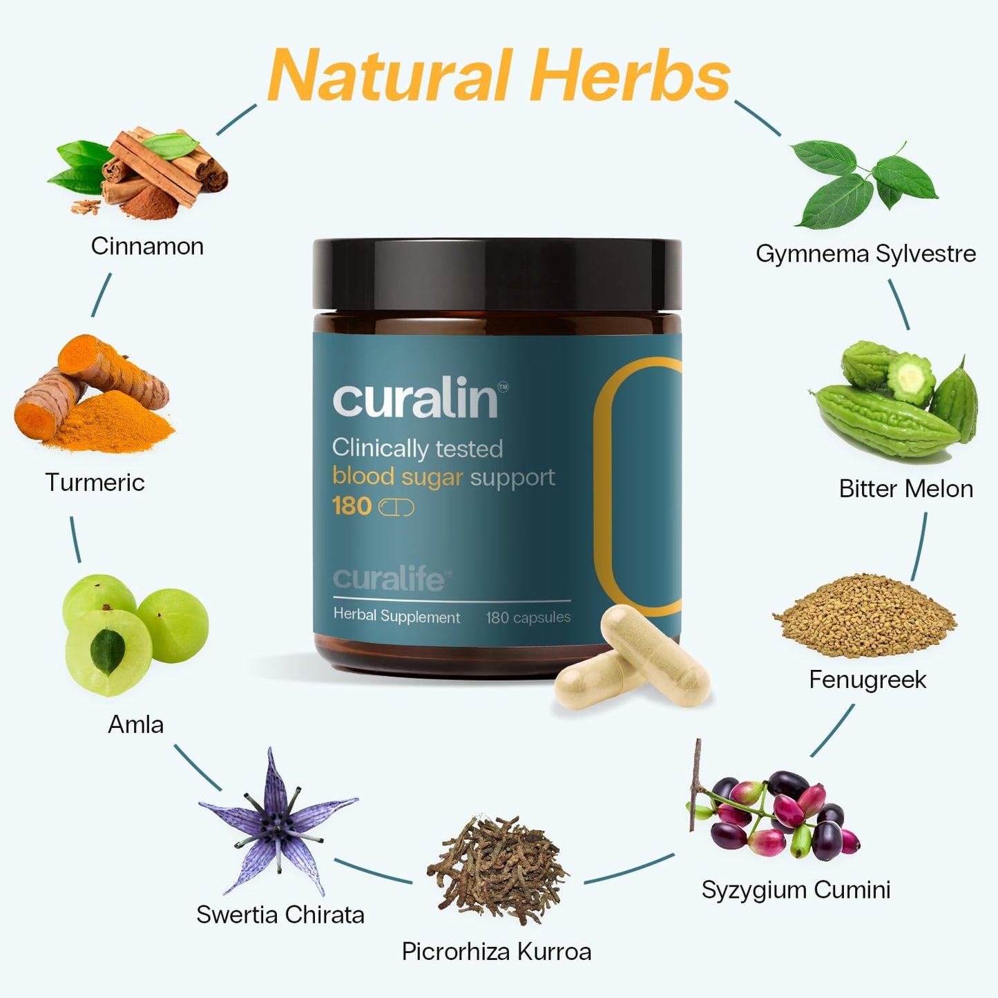 Curalin Blood Sugar Complex: 9 Herb Blend Cinnamon Bitter Melon Gymnema for Glucose Metabolism & Energy Support – Busy Workers & Senior Adults