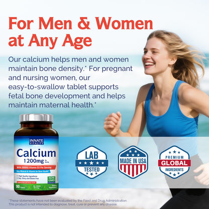 Innate Vitality Calcium 1200 mg with Vitamin D3, 5000IU Vitamin D3, Absorbable Calcium Supplement, Non GMO, No Gluten, for Bone, Immunity, 90 Tablets