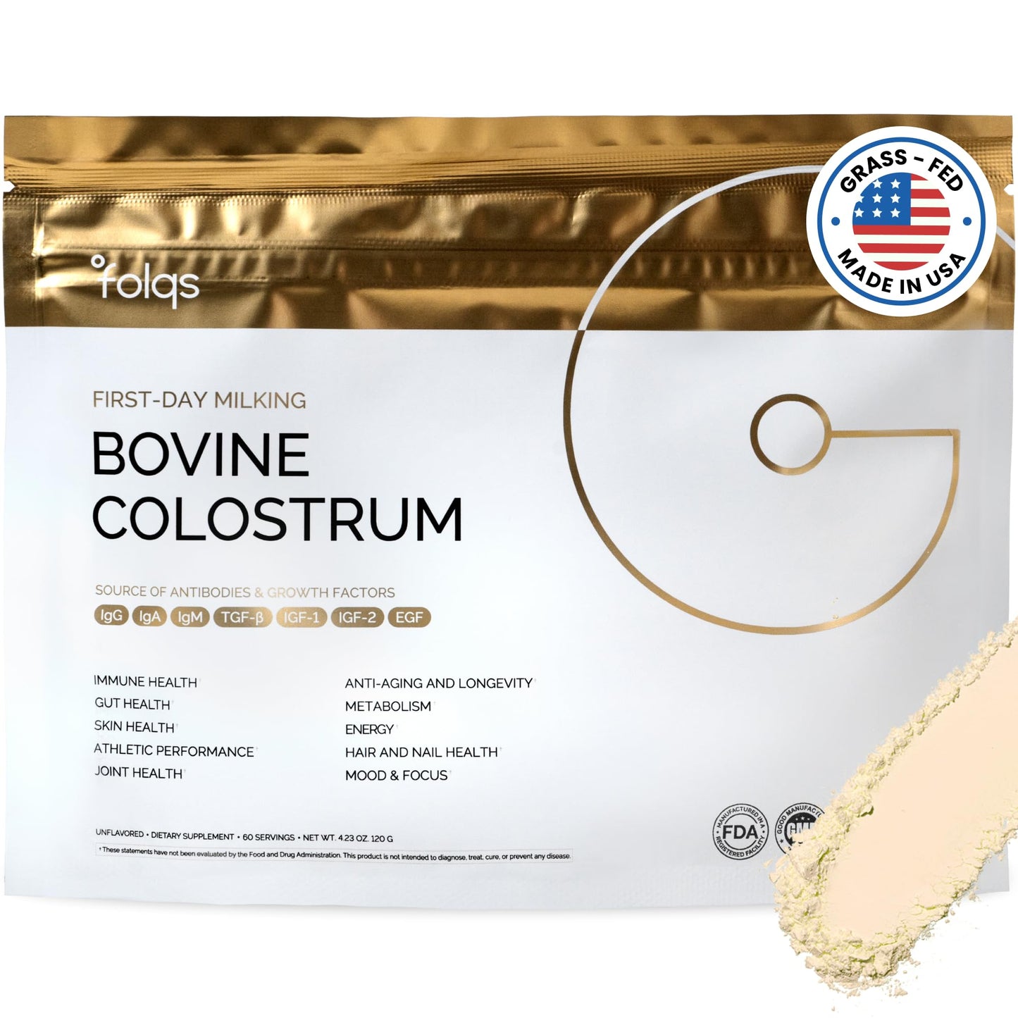Folqs Bovine Colostrum Powder – First-Day Milking for Immune & Gut Support – 60 Servings – Supports Skin & Tissue Health – Made in USA - Amino Acids,