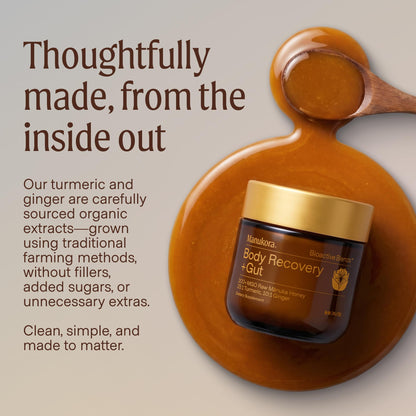 Manukora Body Recovery + Gut Supplement, Turmeric & Ginger with Manuka Honey, Supports Recovery, Gut Health & Digestive Comfort, Improved Absorption, 3rd-Party Tested, Non-GMO, 225g Jar